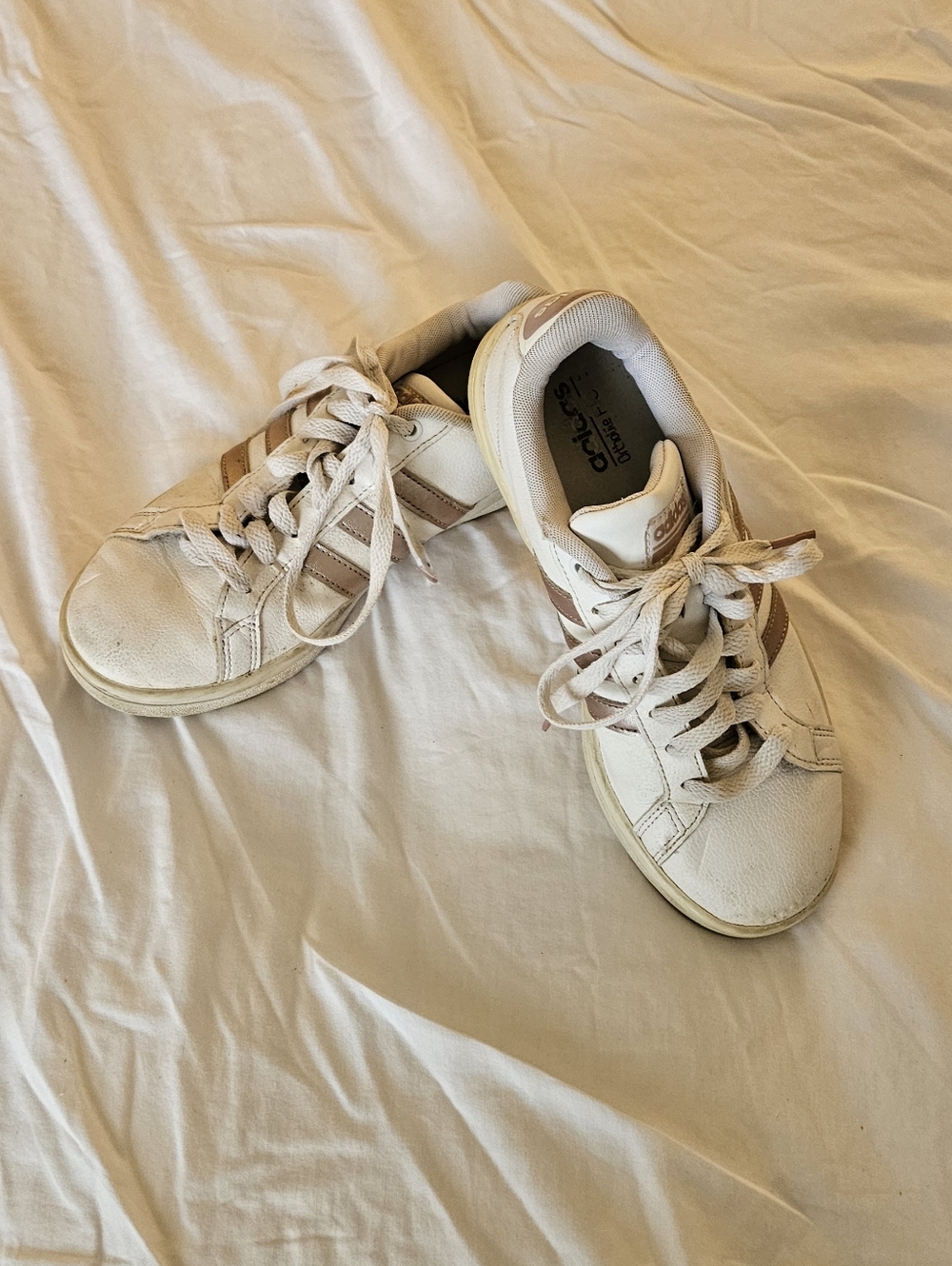adidas Women's Cream Sneakers with Gold Accent Stripes, Size 7
